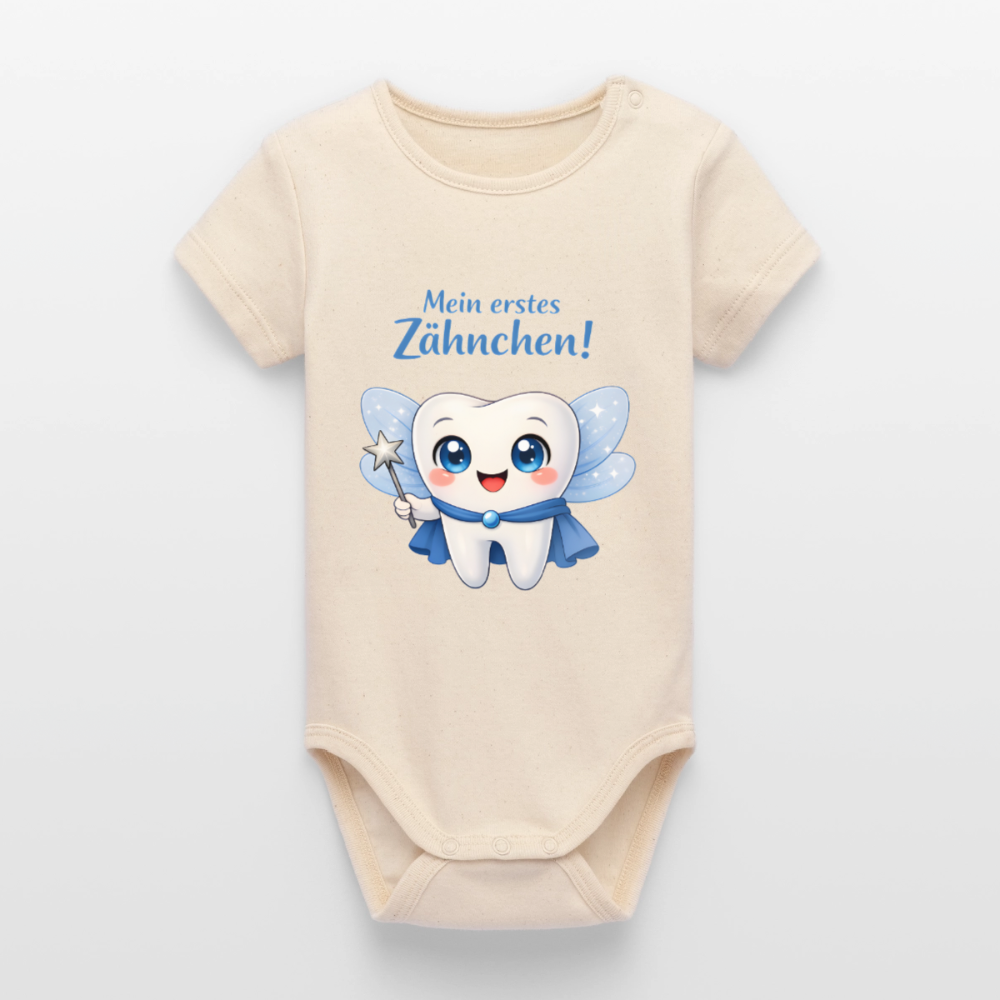 Erstes Zähnchen Blau - Babybody - soft Ecru